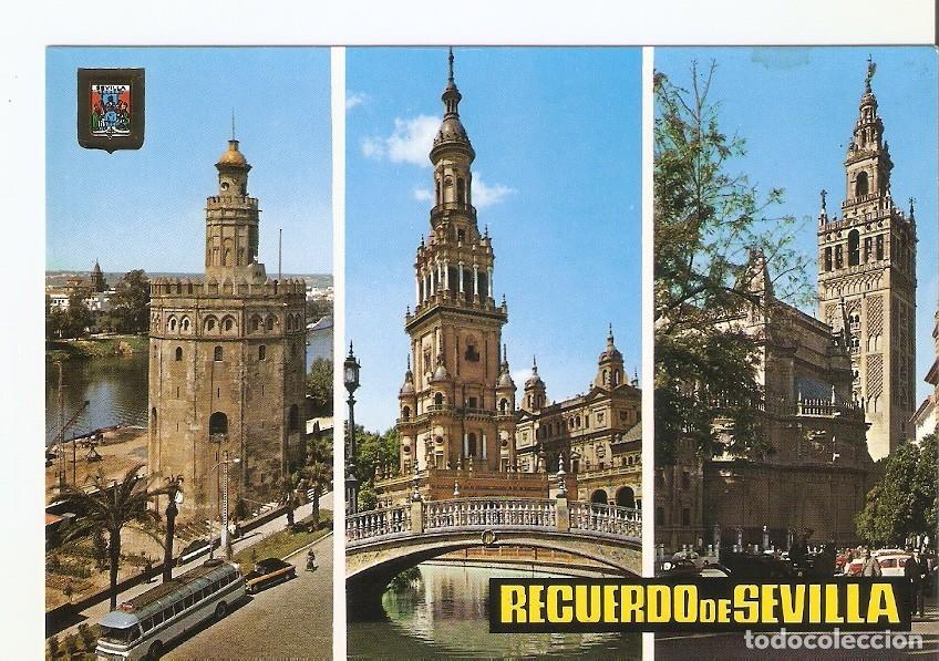 Postkarten: Postal 027972 : Recuerdo de Sevilla, Torre del Oro, Estanque de la Plaza Espa&ntilde;am La Giralda - Varios