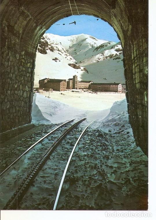 Postcards: Postal 048871 : Nuria (Gerona). Estacion invernal. Ferrocarril de Cremallera y vista del Santuario -