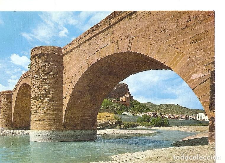 Postais: Postal 048456 : Graus (Huesca). Puente Romanico y rio Esera al fondo Virgen de la Pe&ntilde;a - Varios