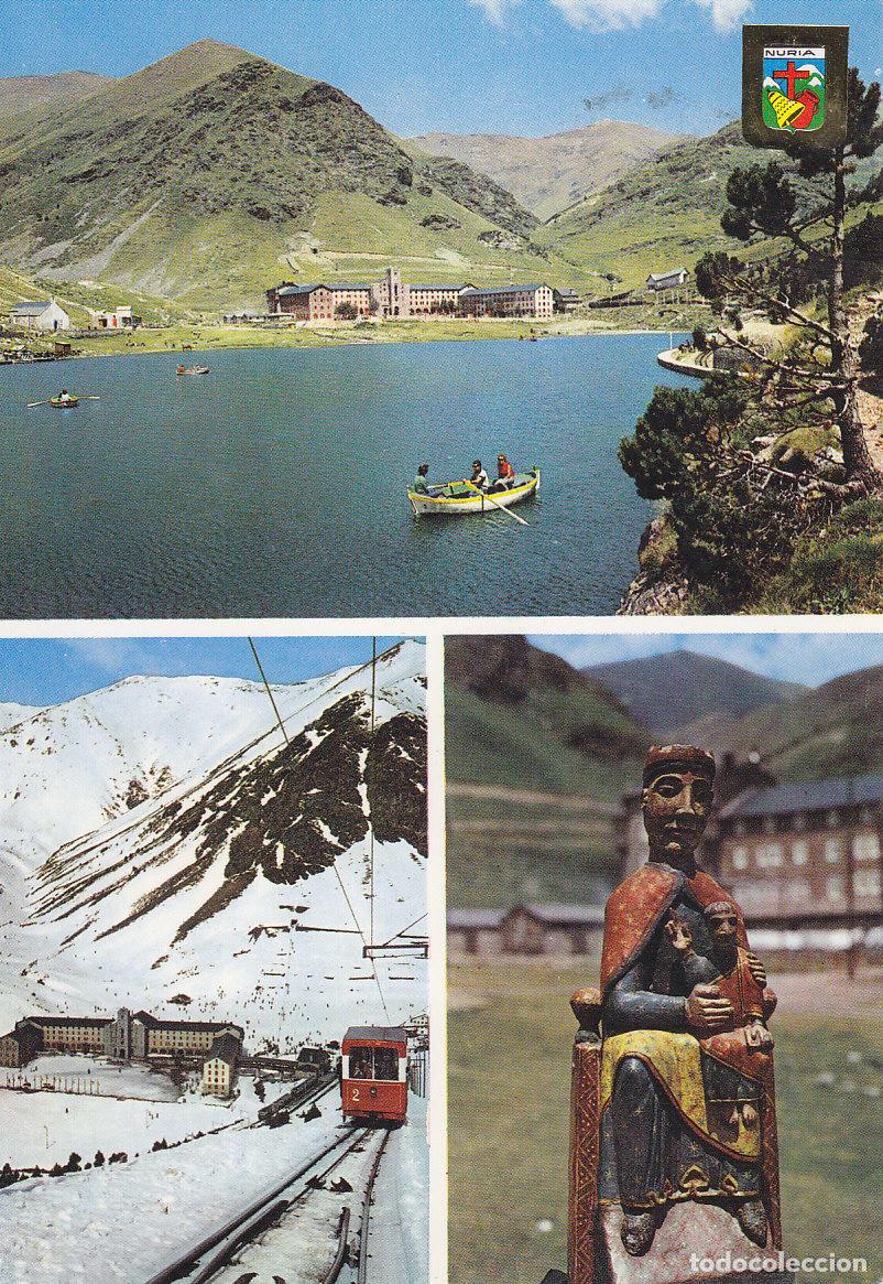 Postales: Postal 61461 : Nuria (Gerona) Pirineu Catala. Llac i vista general. Funicular a la Coma de Clot. Mar