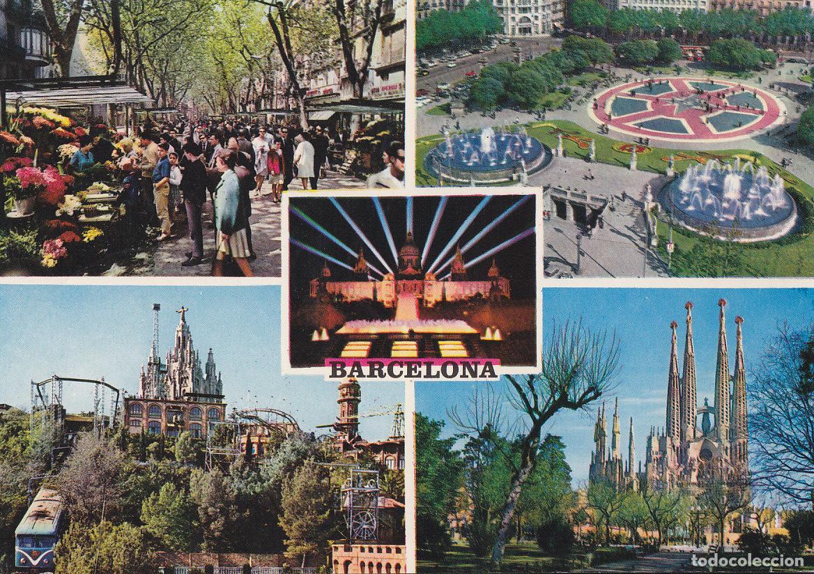 Cartes Postales: Postal 61652 : Barcelona. Ramblas - Plaza Catalu&ntilde;a. Palacio Nacional. Tibidabo - Sagrada Familia - V
