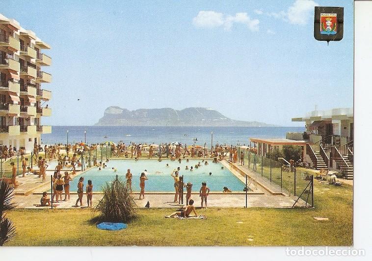 Postales: Postal 050375 : Algeciras (Cadiz). Piscina Apartamento Porto Albo al fondo el Pe&ntilde;on de Gibraltar - V