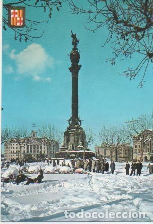 Postales: Postal E01659: Nevada. Monumento a Col&oacute;n, Barcelona - Varios