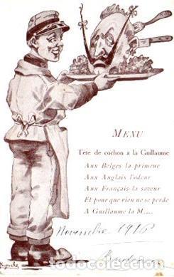 Postales: POSTAL PV10974: Menu Tete de cochon a la Guillaume aux Belges, Anglais, Fran&ccedil;ais - NULL