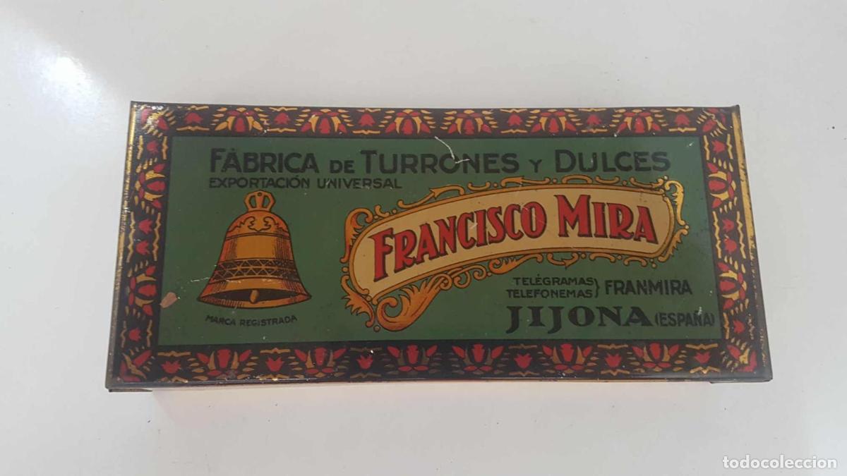 Cartoline: Caja de metal: Fabrica de Turrones y Dulces. Francisco Mira Jijona (Espa&ntilde;a). Turr&oacute;n de Mazap&aacute;n - NUL