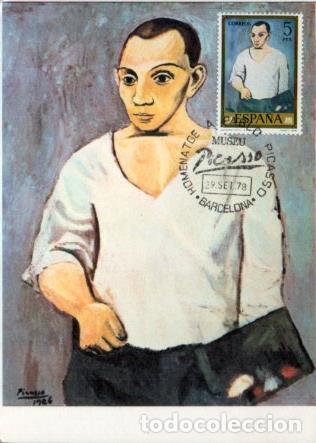 Cartoline: POSTAL PV11447: Autorretrato con paleta de pintor en la mano por Picasso. Homenatge a Picasso. Tarje