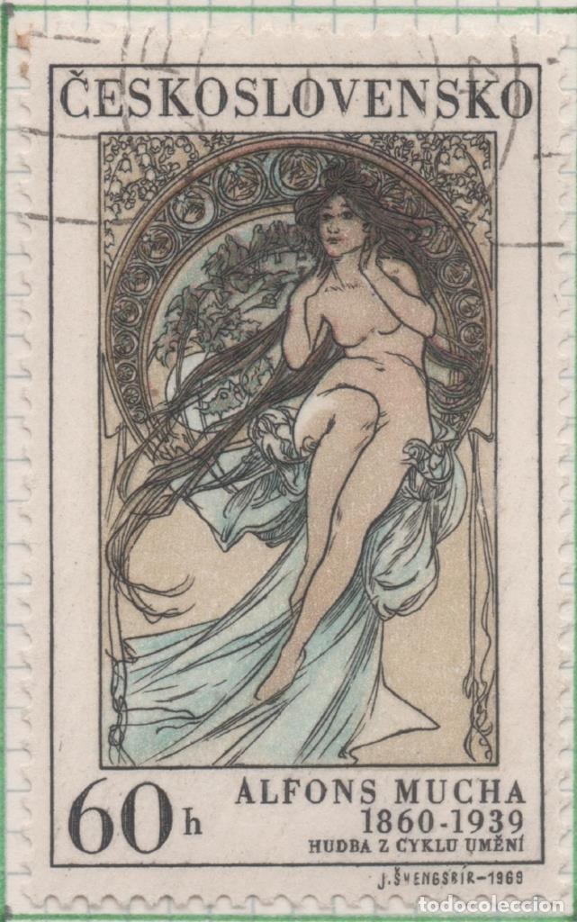 Postcards: Sello E01562: hoja 101, Checoslovaquia: Sello Multicolor, dentado. Mujer y arte. Pinturas de Alfons