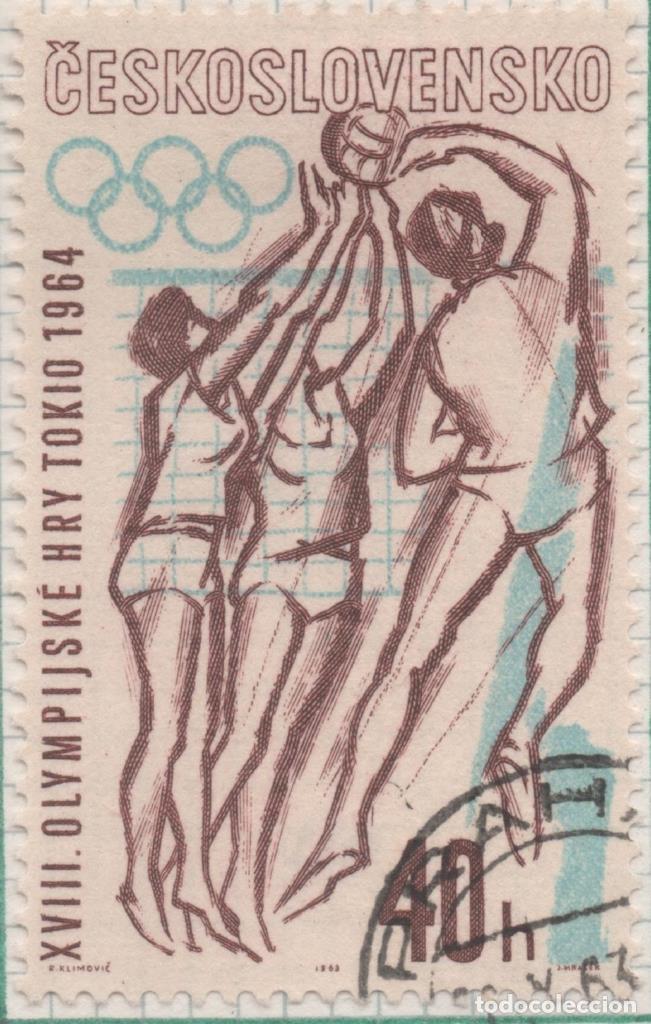 Postcards: Sello E01153: hoja 76, Checoslovaquia: Sello Marron y azul dentado. XVIII Olimpiadas de Tokio. Volle