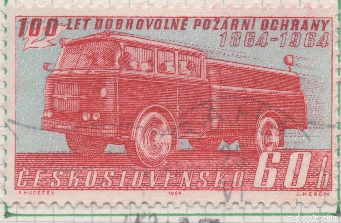 Postales: Sello E01206: hoja 79, Checoslovaquia: Sello Rojo y azul, dentado. Cami&oacute;n de bomberos Skoda, 60 Hale