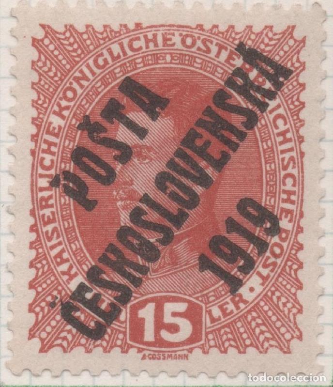 Postkarten: Sello E00042: hoja 3, Checoslovaquia: Sello Naranja oscuro perforado. Timbres de Austria sobrecargad