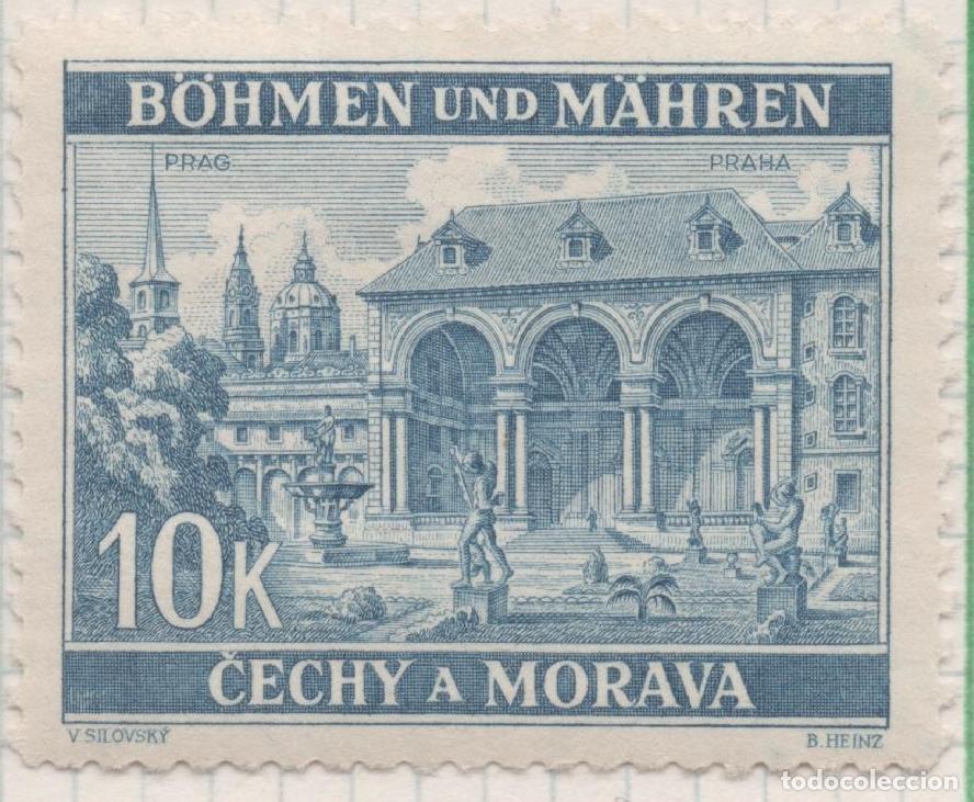 Postkarten: Sello E00246: hoja 21, Checoslovaquia: Sello Azul oscuro dentado. Cechy a Morava. Praha, 10 Korun -