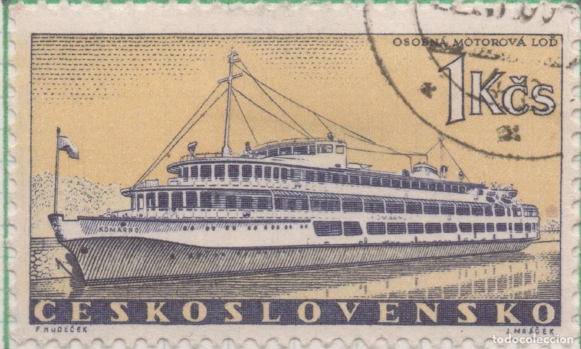 Postcards: Sello E00938: hoja 63, Checoslovaquia: Sello Amarillo y azul dentado. Barcos y Embarcaciones. Komano