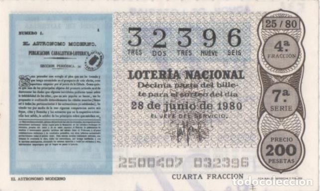 Cartoline: Loteria E00532: hoja n&ordm; 36. Loteria Nacional. N&ordm; 32396, serie 7&ordf;, fracci&oacute;n 4&ordf;, precio 200 pesetas, s