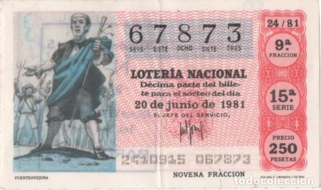 Cartoline: Loteria E00581: hoja n&ordm; 39. Loteria Nacional. N&ordm; 67873, serie 15&ordf;, fracci&oacute;n 9&ordf;, precio 250 pesetas,