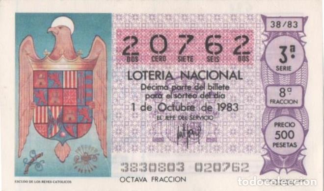 Cartoline: Loteria E00691: hoja n&ordm; 47. Loteria Nacional. N&ordm; 20762, serie 3&ordf;, fracci&oacute;n 8&ordf;, precio 500 pesetas, s