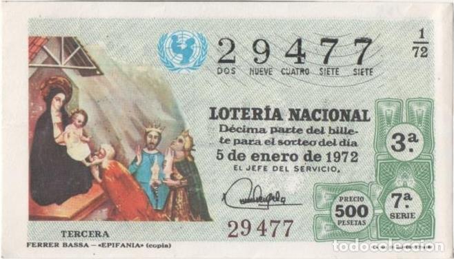 Cartoline: Loteria E00135: hoja n&ordm; 12. Loteria Nacional. N&ordm; 29477, serie 7&ordf;, fracci&oacute;n 3&ordf;, precio 500 pesetas ,