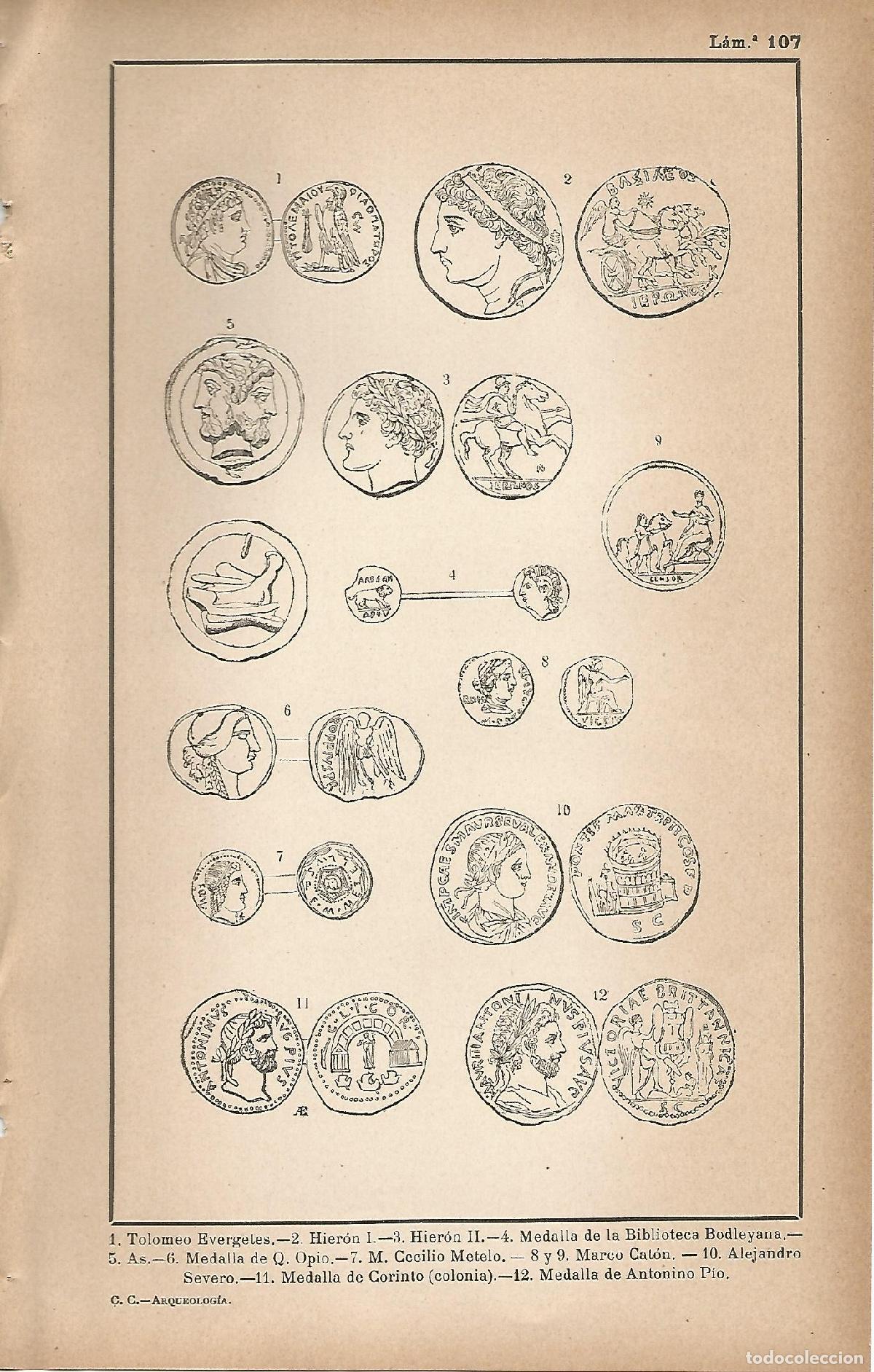 Postales: Lamina 107: Monedas romanas - C&eacute;sar Cant&uacute;