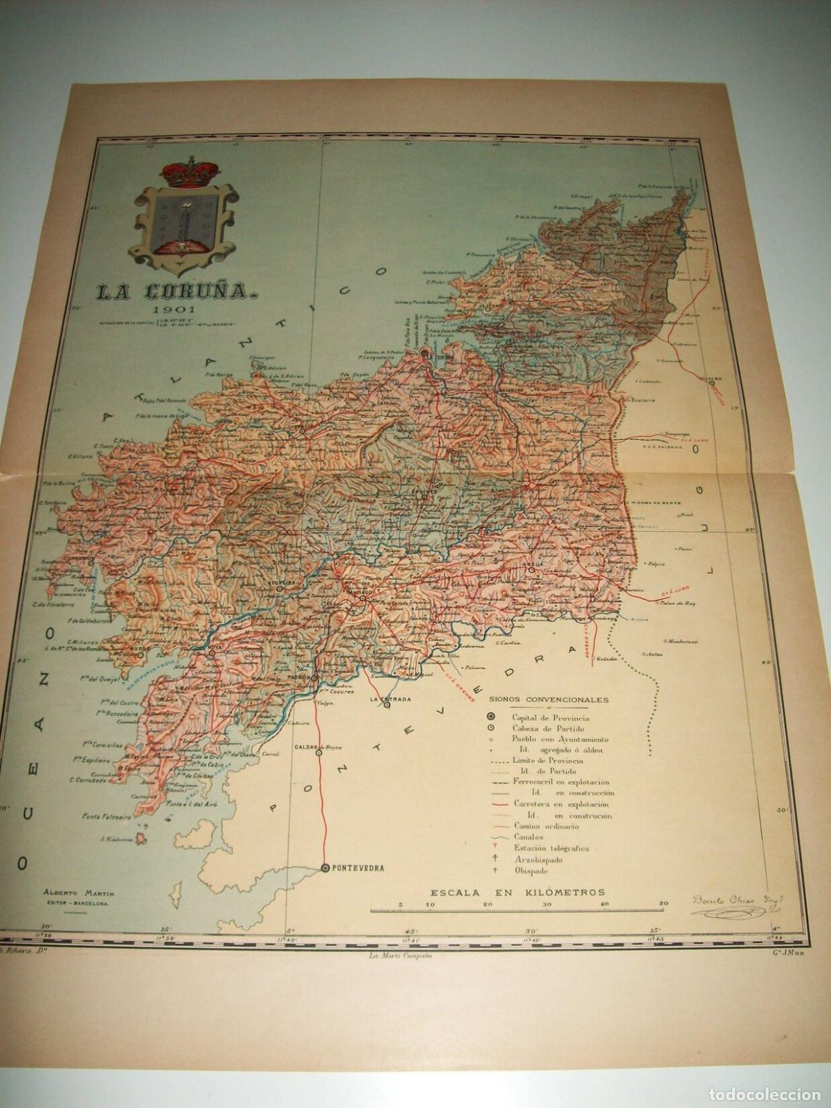 Postales: Mapa de la provincia de La Coru&ntilde;a. 1901. Firmado por Benito Chias - Benito Ch&iacute;as y Carb&oacute;