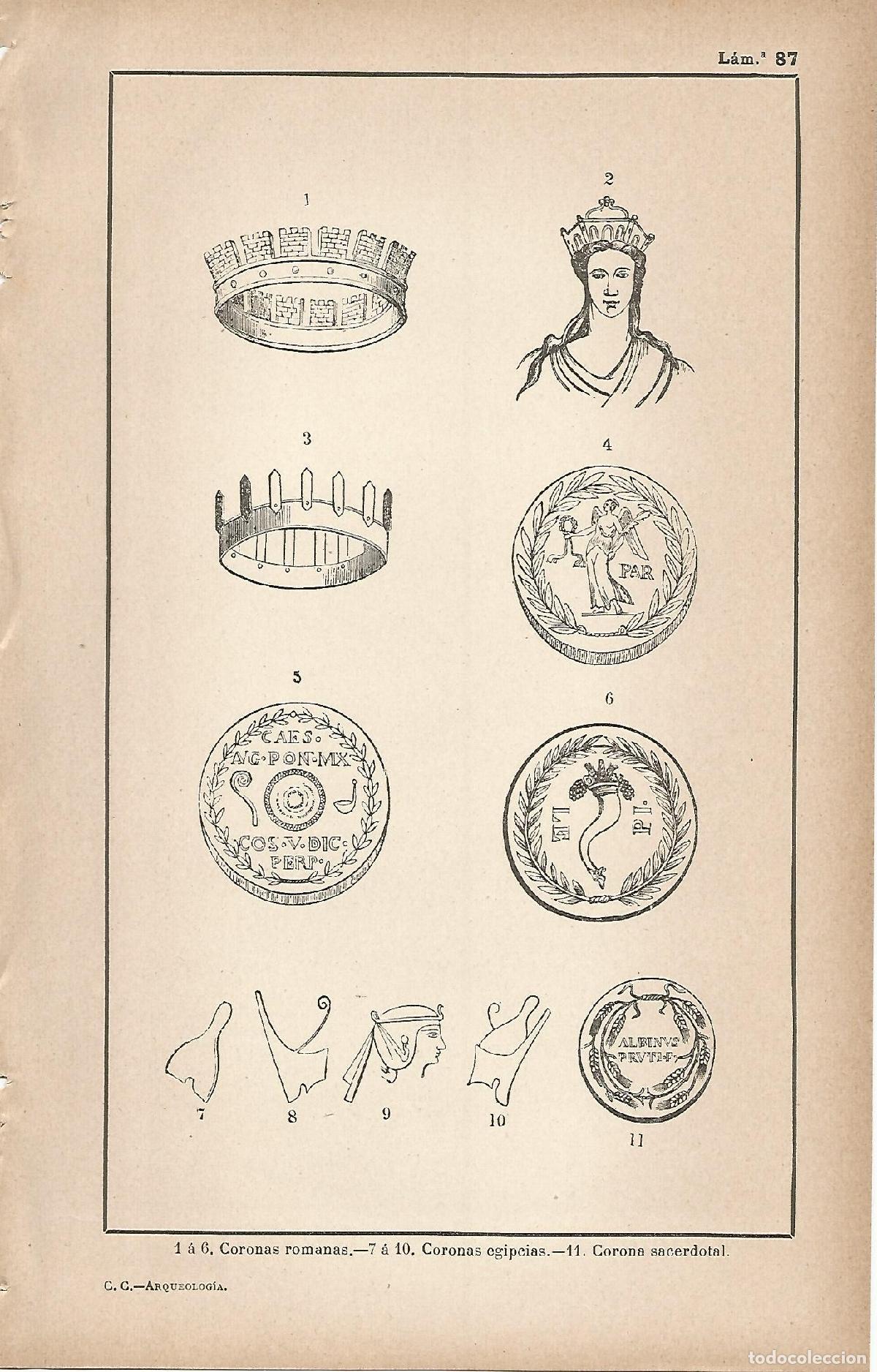 Postcards: Lamina 087: Coronas romanas- Coronas egipcias - Corona sacerdotal - C&eacute;sar Cant&uacute;