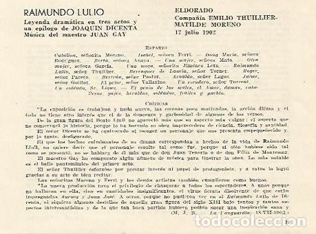Postcards: LAMINA 2553: Reparto y criticas de Raimundo Lulio. El Dorado 17 julio 1902 - Jose Maria Junyent (dir