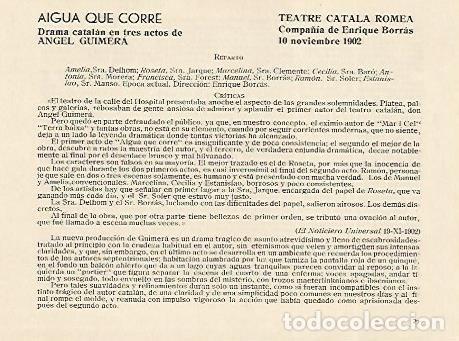 Cartoline: LAMINA 2682: Reparto y criticas de Aigua que Corre de Angel Guimera. Teatre Catala Romea 10 noviembr