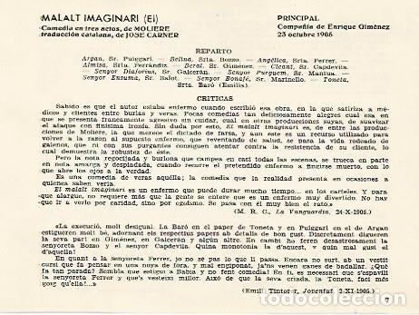 Postkarten: LAMINA 2693: Reparto y criticas de El Malalt Imaginari obra de Josep Carner. Principal 23 octubre 19