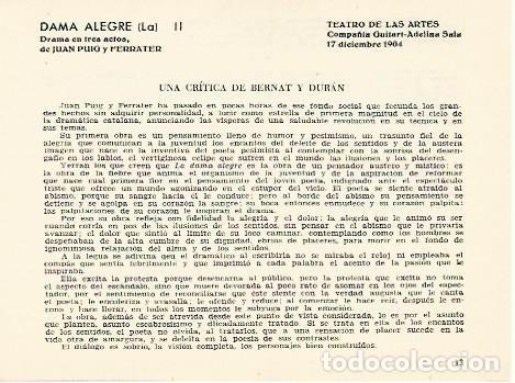 Cartoline: LAMINA 2765: Critica de Bernat y Duran sobre La Dama Alegre. Teatro de las Artes 17 diciembre 1904 -