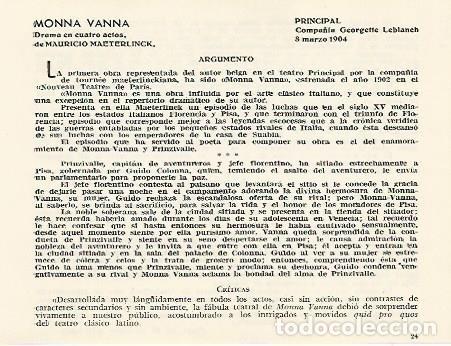 Cartoline: LAMINA 2880: Argumento y criticas de Monna Vanna. Principal 8 marzo 1904 - Jose Maria Junyent (direc