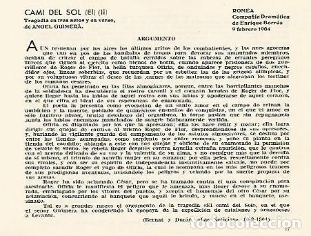 Postcards: LAMINA 2873: Argumento de El Cami del Sol obra de Angel Guimera. Romea 9 febrero 1904 - Jose Maria J