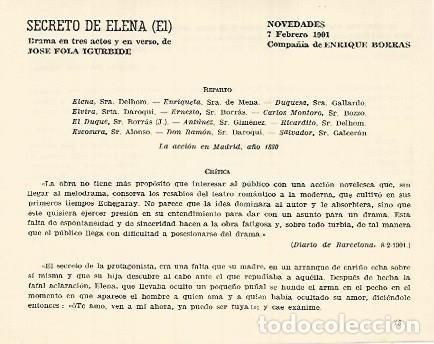 Postkarten: LAMINA 3008: Reparto y critica de El Secreto de Elena. Novedades 7 febrero 1901 - Jose Maria Junyen