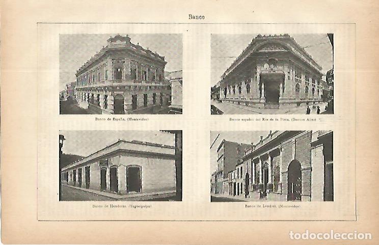 Postkarten: LAMINA ESPASA 9726: Sedes de Banco en Montevideo Buenos Aires y Tegueigalpa - Varios