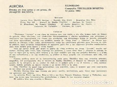 Postcards: LAMINA 2538: Reparto y criticas de Aurora. El Dorado 12 junio 1902 - Jose Maria Junyent (director)