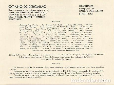 Cartoline: LAMINA 2548: Reparto y criticas de Cyrano de Bergerac. El Dorado 3 julio 1902 - Jose Maria Junyent (