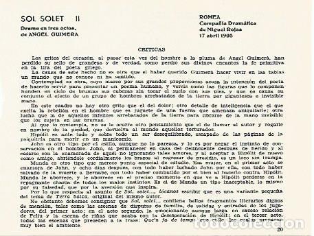 Cartoline: LAMINA 2577: Criticas de Sol Solet. Romea 17 abril 1905 - Jose Maria Junyent (director)