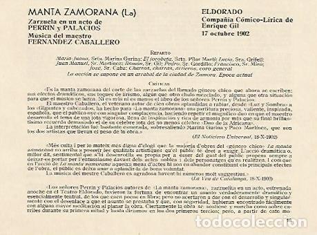 Postales: LAMINA 2671: Reparto y criticas de la zarzuela La Manta Zamorana. El Dorado 17 octubre 1901 - Jose M