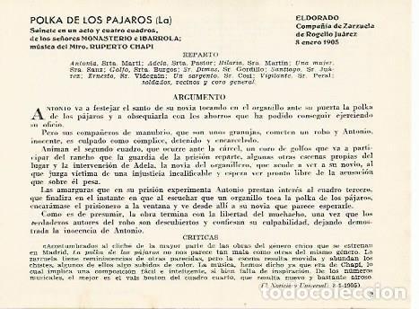 Postales: LAMINA 2721: Reparto argumento y criticas de La Polka de los pajaros. El Dorado 8 enero 1905 - Jose