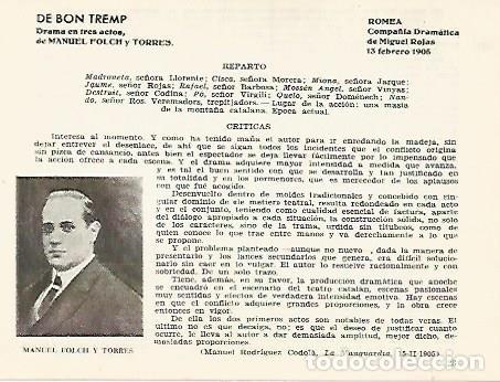 Cartoline: LAMINA 2742: Reparto y criticas de De Bon Temps. Romea 13 febrero 1905 - Jose Maria Junyent (directo