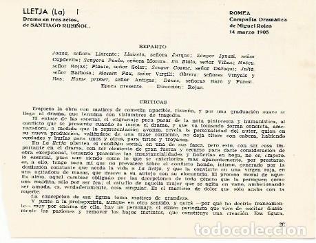 Postales: LAMINA 2747: Reparto y criticas de La Lletja obra de Santiago Rusi&ntilde;ol. Romea 14 marzo 1905 - Jose Ma