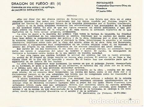 Cartoline: LAMINA 2851: Criticas de El Dragon de Fuego obra de Jacinto Benavente. Novedades 17 junio 1904 - Jos