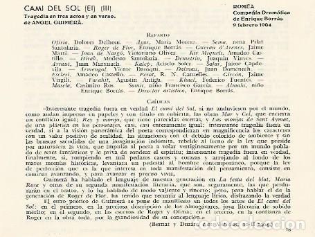 Postales: LAMINA 2874: Reparto y criticas de El Cami del Sol obra de Angel Guimera. Romea 9 febrero 1904 - Jos