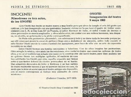 Postales: LAMINA 2904: Inocente. Obra de inauguracion del teatro Onofri 9 mayo 1903. Hoy teatro Condal - Jose