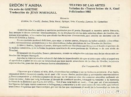 Postales: LAMINA 2951: Reparto y criticas de Eridon y Amina de Goethe. Teatro de las Artes 9 diciembre 1903 -