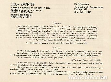 Postkarten: LAMINA 2676: Reparto y criticas de la zarzuela Lola Montes. El Dorado 30 octubre 1902 - Jose Maria J