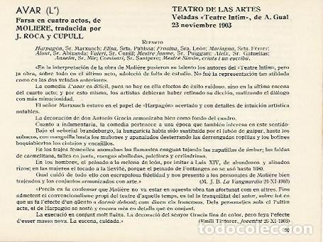 Cartoline: LAMINA 2944: Reparto y criticas de L Avar de Moliere. Teatro de las Artes 23 noviembre 1903 - Jose M