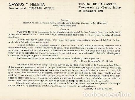 Postales: LAMINA 2955: Reparto y criticas de Cassius y Helena. Teatro de las Artes 21 diciembre 1903 - Jose Ma