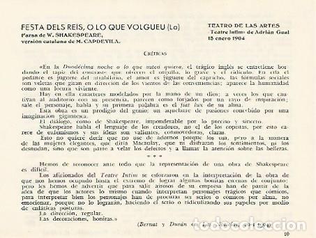 Postales: LAMINA 2866: Criticas de Festa dels Reis o Lo que volgueu. Teatro de las Artes 15 enero 1904 - Jose