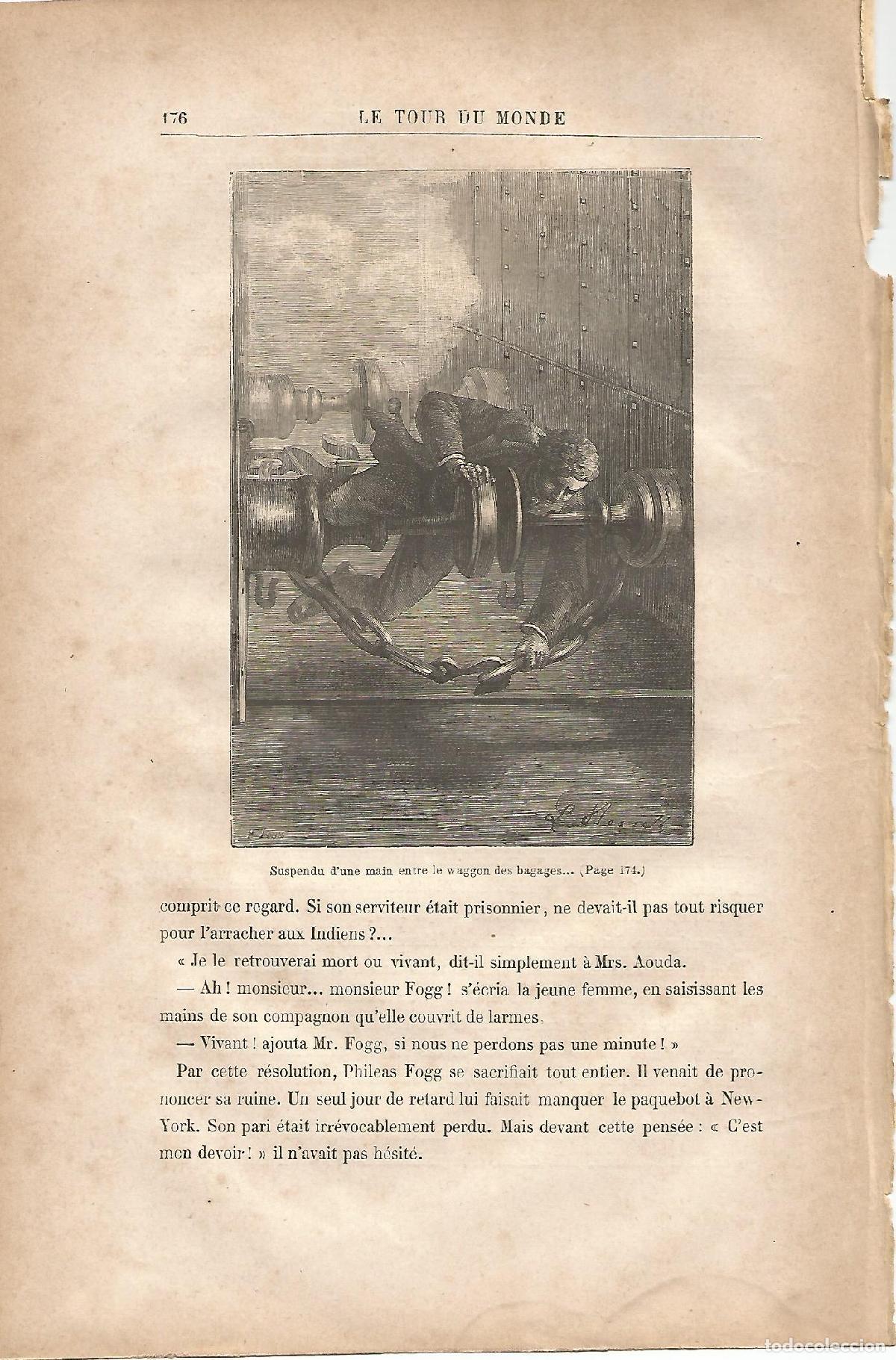 Postales: LAMINA 1239: VERNE. Suspendu dune main entre le waggon des bagages� - Jules Verne