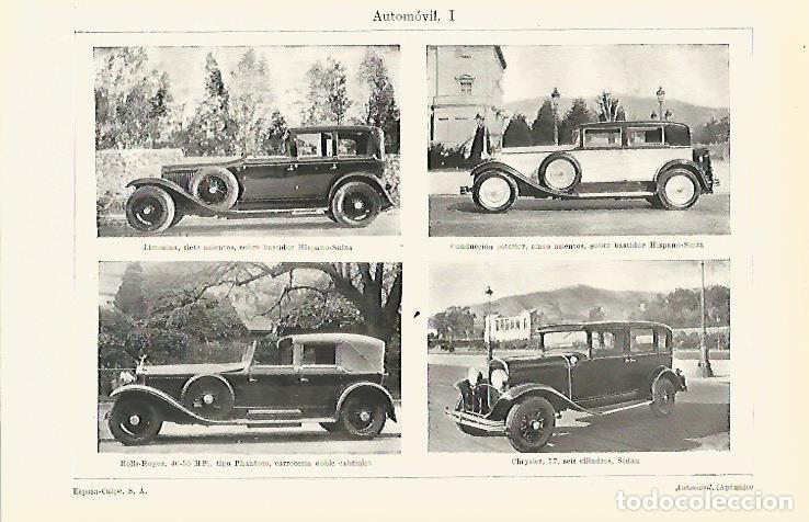 Postales: LAMINA ESPASA 19097: Limosina Hispano Suiza Rols Royce 40-50 HP y Chrysler 77 - Varios