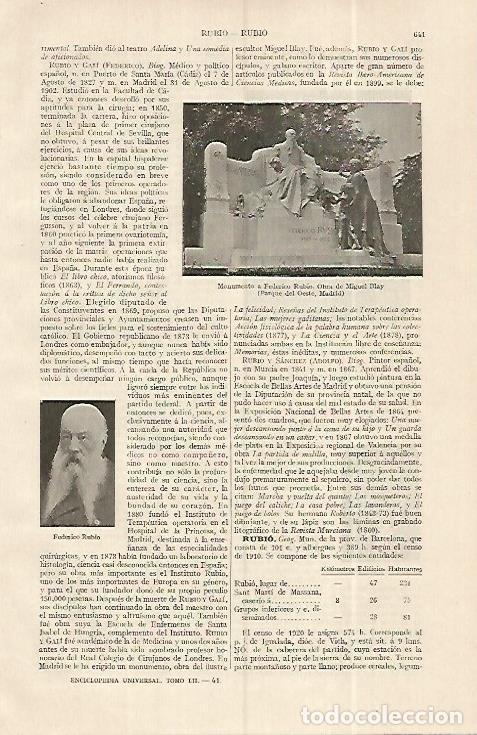 Postales: LAMINA ESPASA 19316: Monumento a Federico Rubio en Madrid - Varios