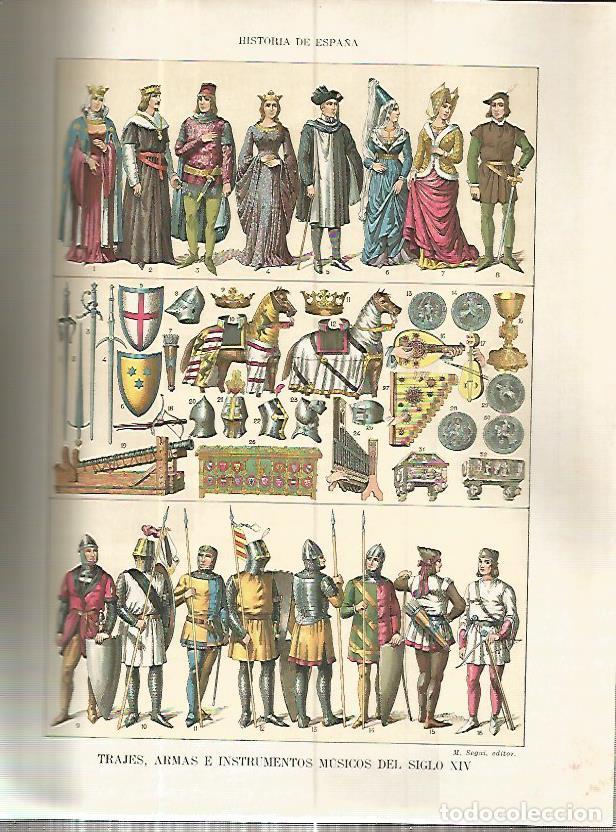 Postcards: LAMINA 4568: Trajes armas e instrumentos musicos del siglo XIV - Manuel Rodriguez Codola